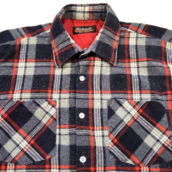 RUGGED Red Blue Plaid Button-Up Flannel Shirt - Picture 3 of 7